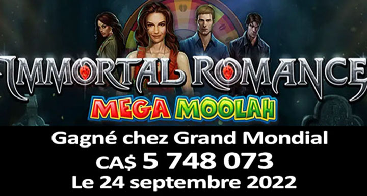 Mega Moolah jackpot gagné en Septembre 2022 chez Grand Mondial Casino