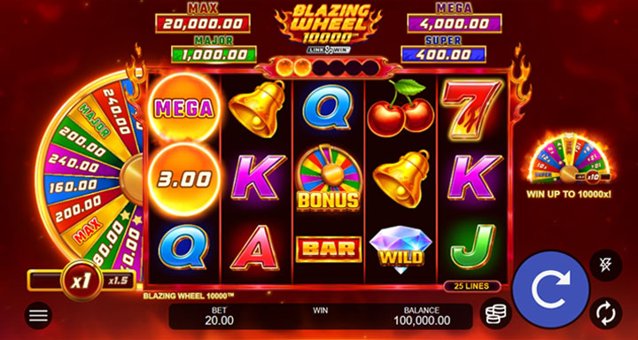 Jackpot de 10000 fois la mise à gagner sur Blazing Wheel